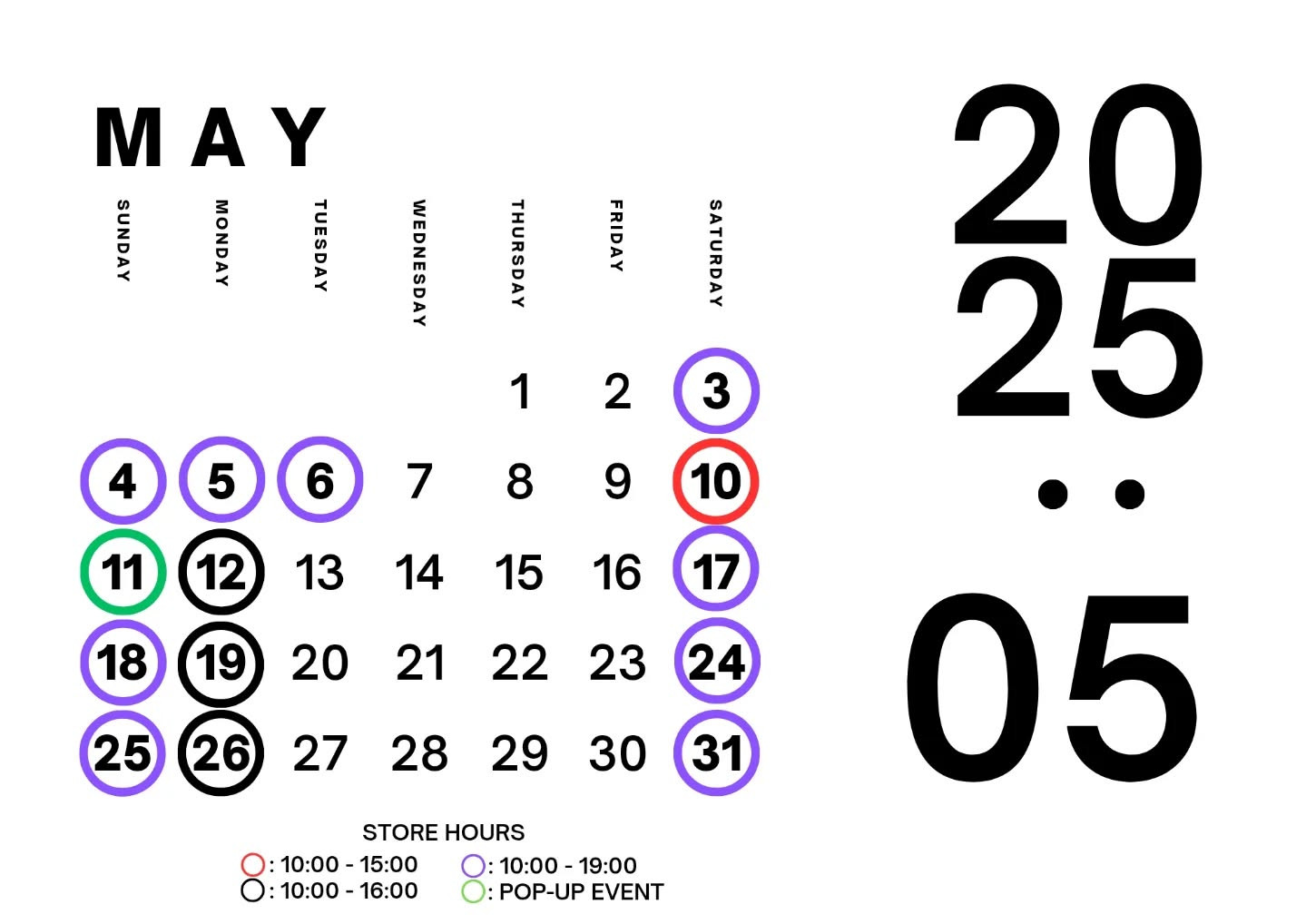 STORE SCHEDULE FOR MAY