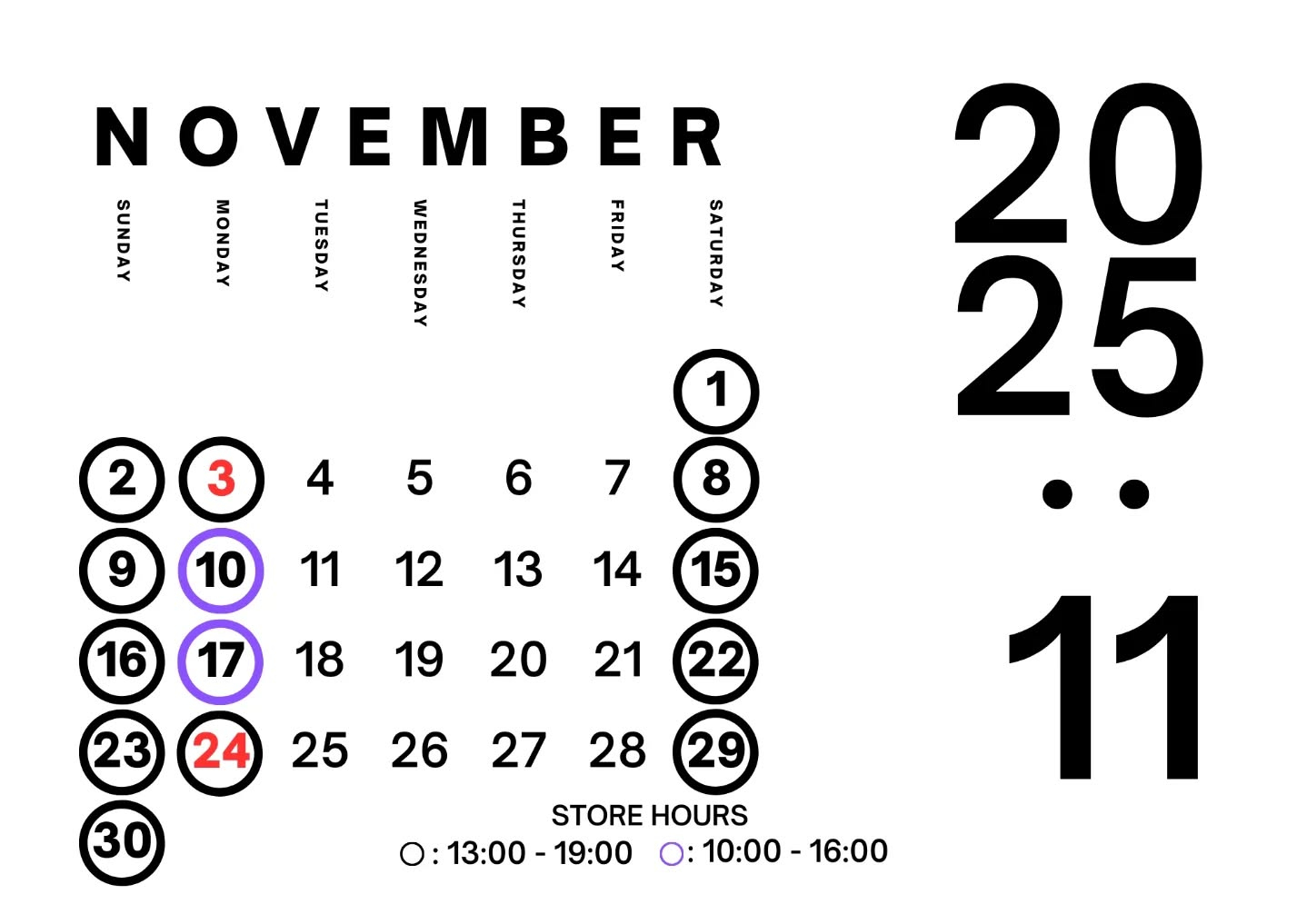 STORE SCHEDULE FOR NOVEMBER🍠