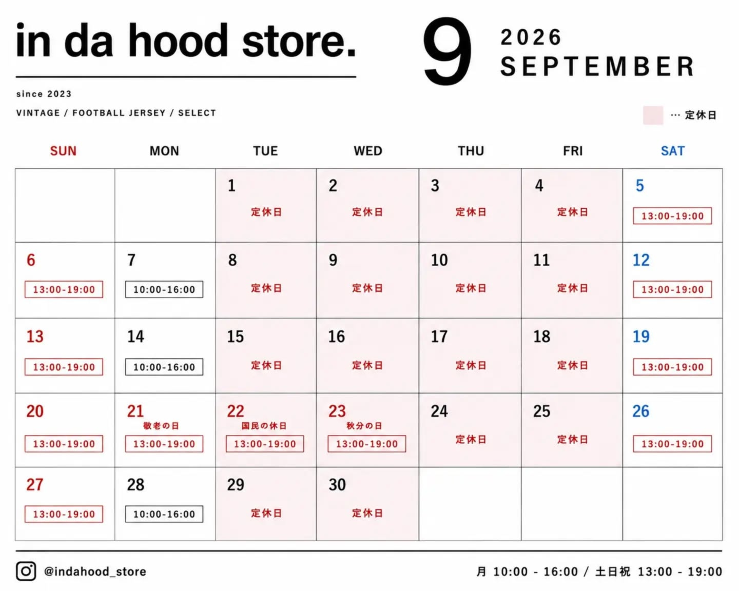 STORE SCHEDULE FOR SEPTEMBER